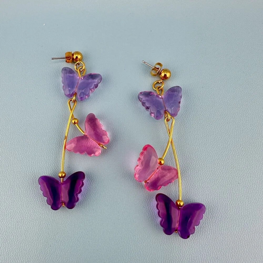 Vintage Butterfly Dangle Earrings Pink Purple Lucite Gold Tone Pierced Signed